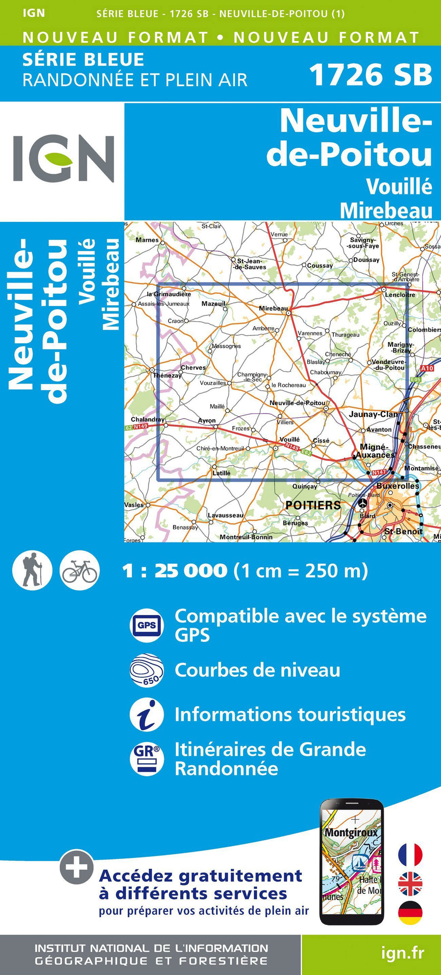 Carte de randonnée n° 1726 - Neuville-de-Poitou, Vouillé, Mirebeau | IGN - Série Bleue carte pliée IGN 