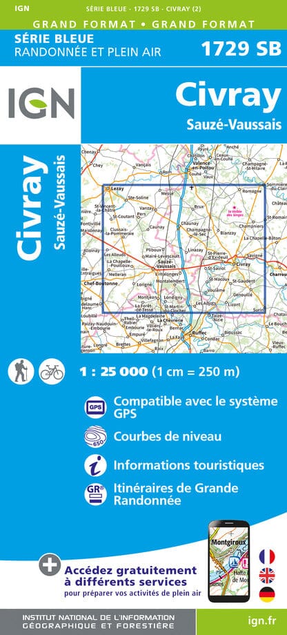 Carte de randonnée n° 1729 - Civray, Sauzé-Vaussais | IGN - Série Bleue carte pliée IGN 