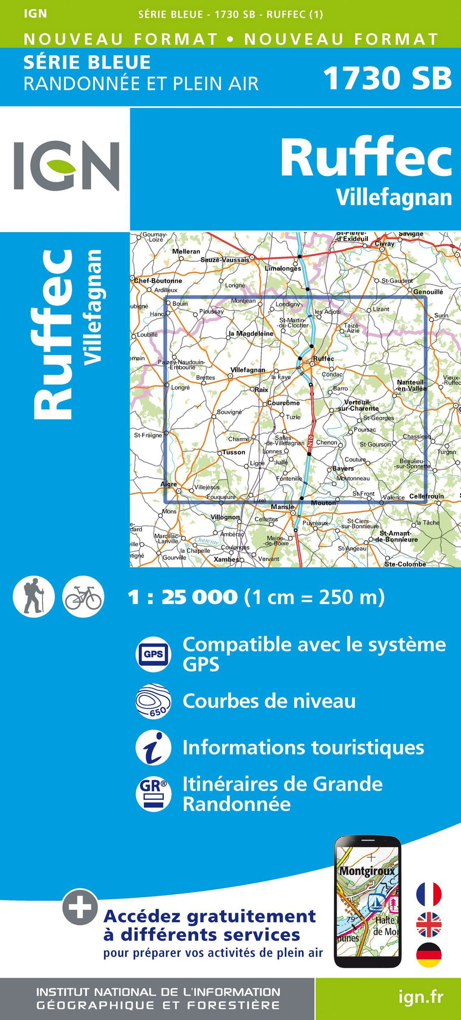 Carte de randonnée n° 1730 - Ruffec, Villefagnan | IGN - Série Bleue carte pliée IGN 