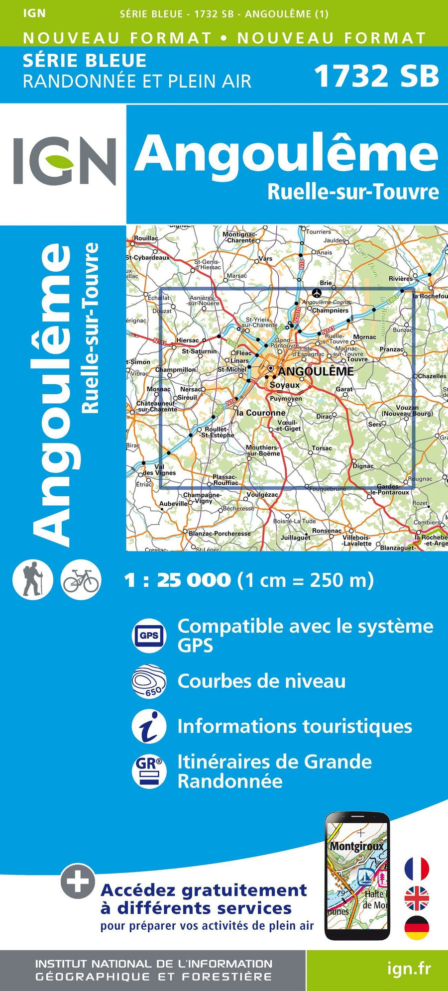 Carte de randonnée n° 1732 - Angoulême, Ruelle-sur-Touvre | IGN - Série Bleue carte pliée IGN 