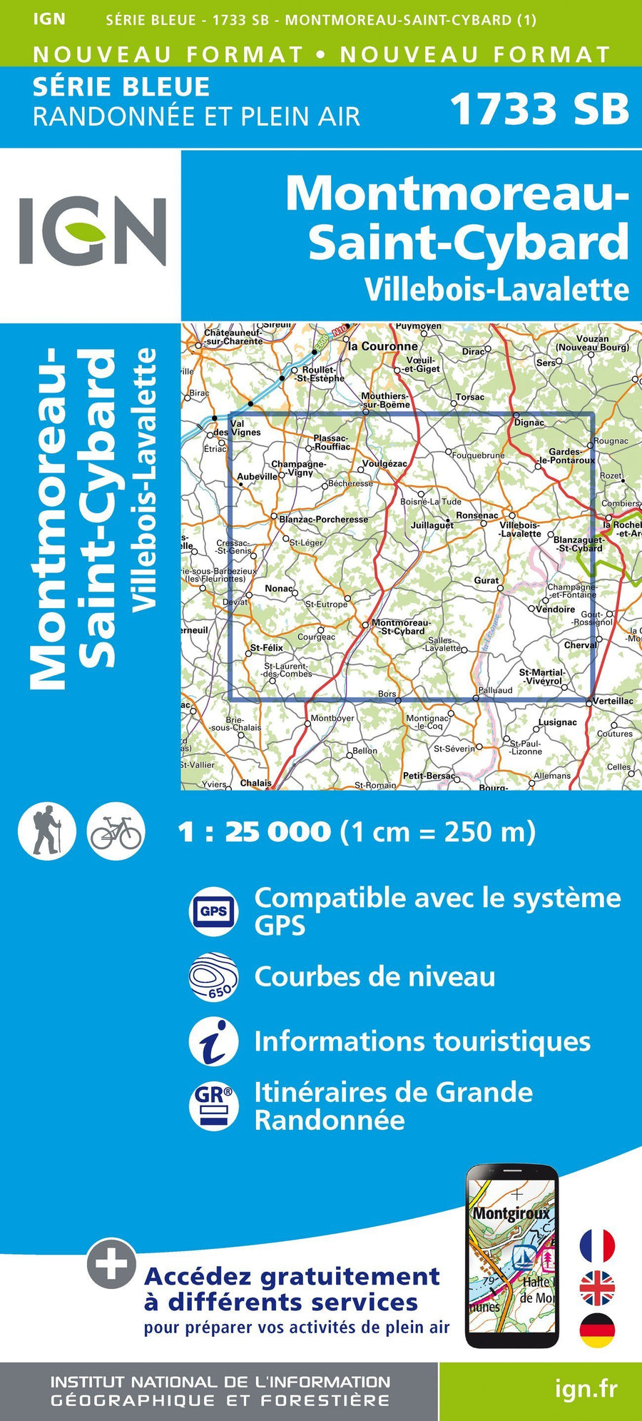 Carte de randonnée n° 1733 - Montmoreau-St-Cybard, Villebois-Lavalette | IGN - Série Bleue carte pliée IGN 