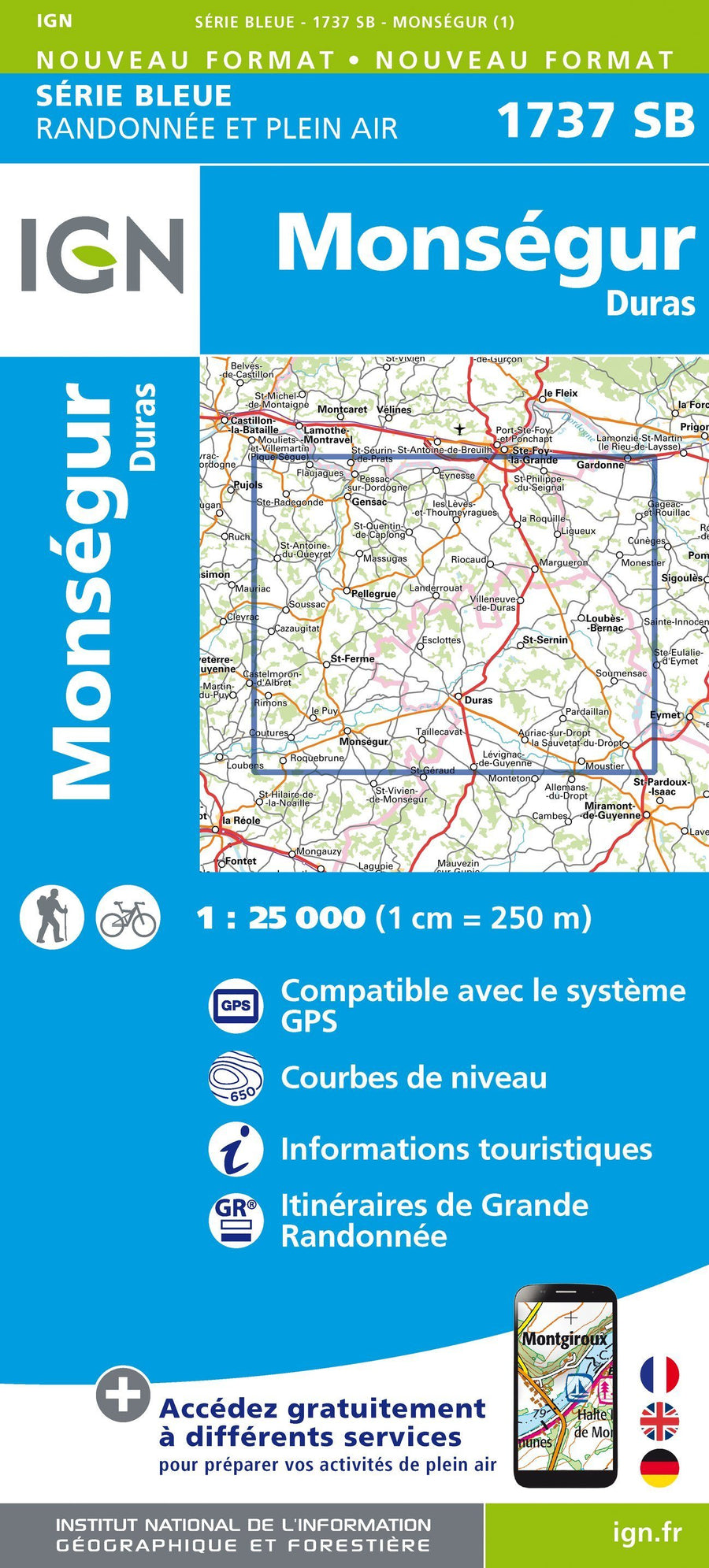 Carte de randonnée n° 1737 - Monségur, Duras | IGN - Série Bleue carte pliée IGN 