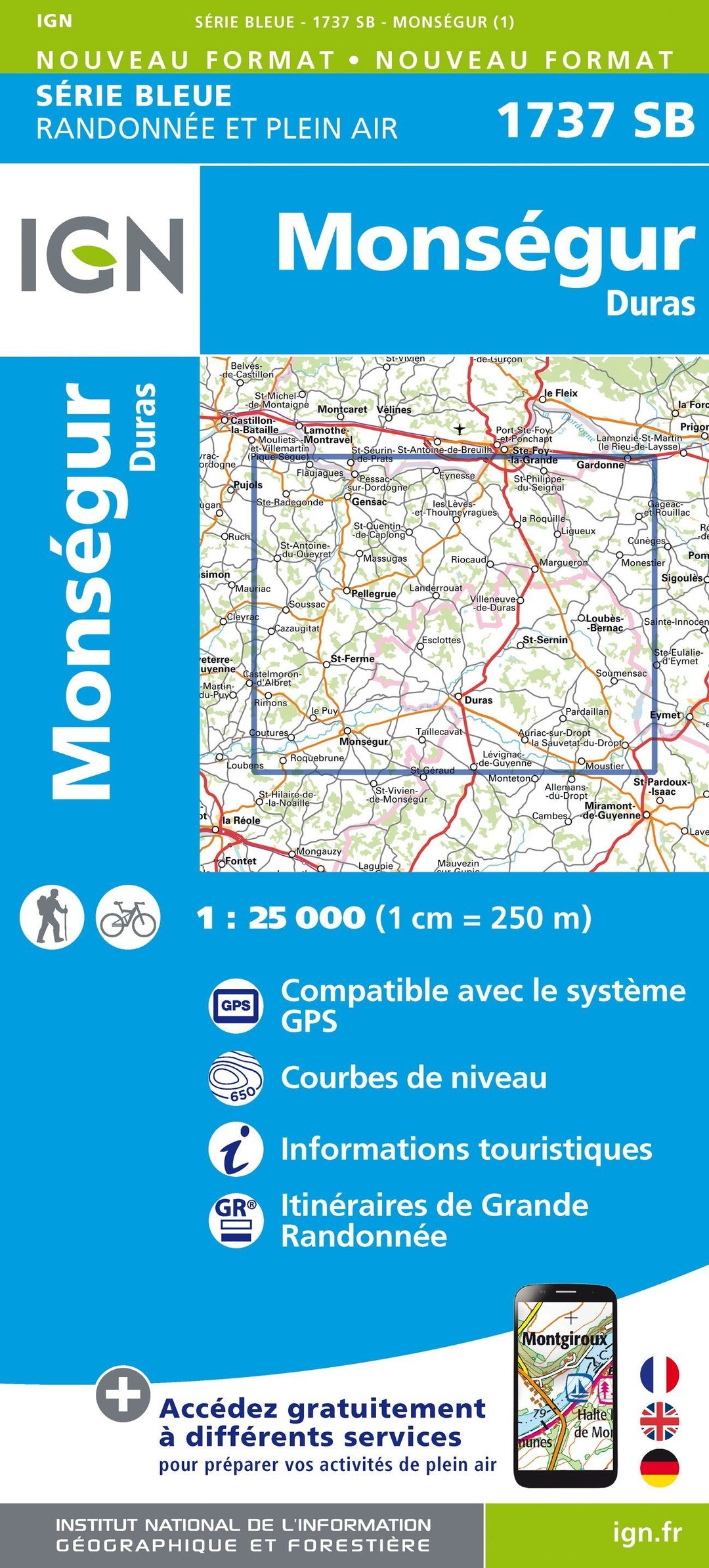 Carte de randonnée n° 1737 - Monségur, Duras | IGN - Série Bleue carte pliée IGN 