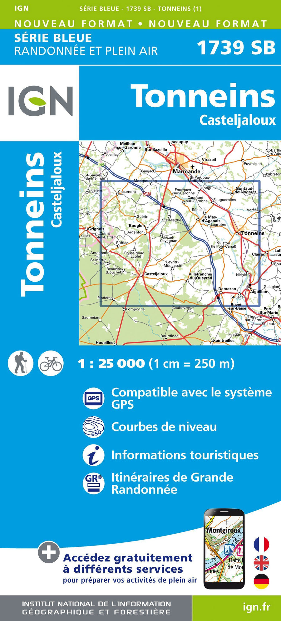 Carte de randonnée n° 1739 - Tonneins, Casteljaloux | IGN - Série Bleue carte pliée IGN 