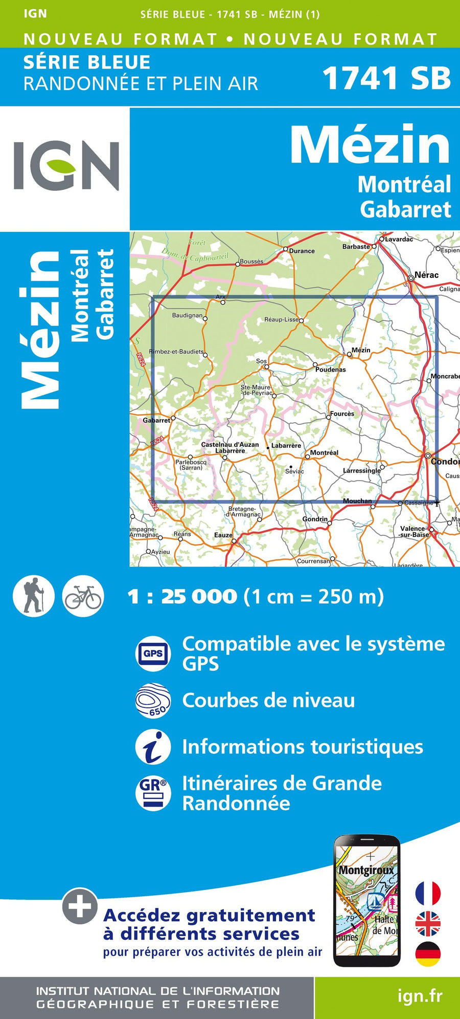 Carte de randonnée n° 1741 - Mézin, Montréal, Gabarret | IGN - Série Bleue carte pliée IGN 