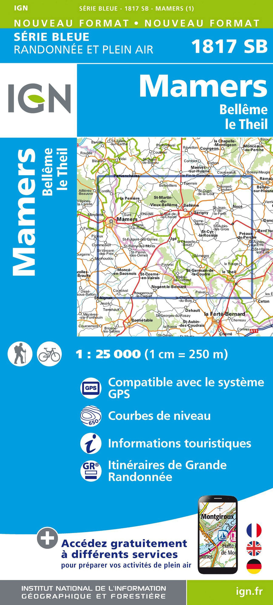 Carte de randonnée n° 1817 - Mamers, Bellême, Le Theil | IGN - Série Bleue carte pliée IGN 