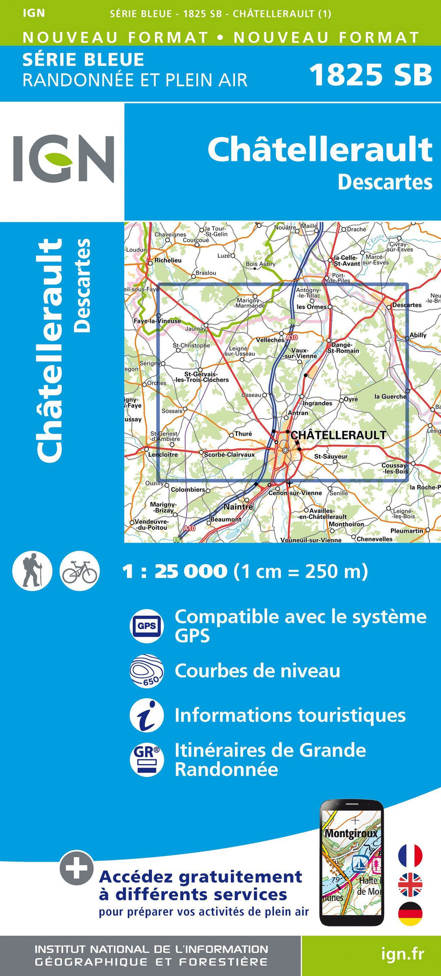 Carte de randonnée n° 1825 - Châtellerault, Descartes | IGN - Série Bleue carte pliée IGN 