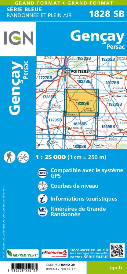 Carte de randonnée n° 1828 - Gençay, Persac | IGN - Série Bleue carte pliée IGN 