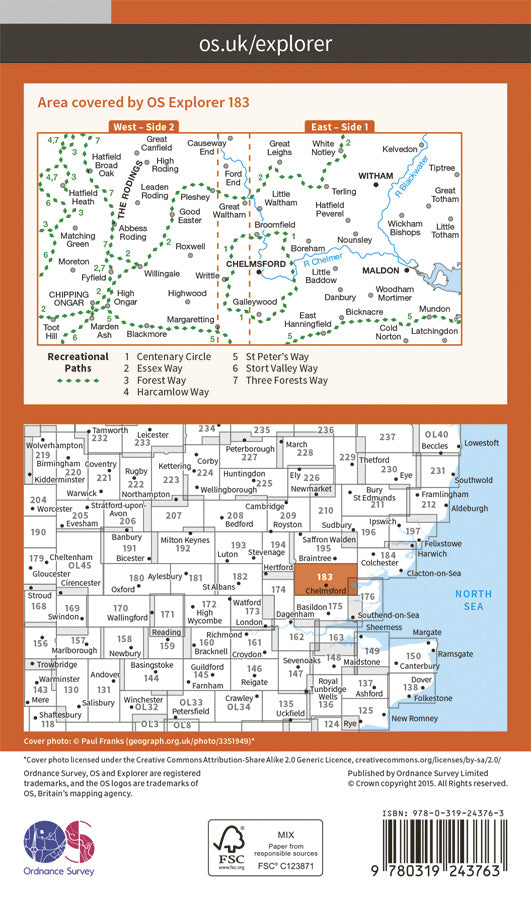 Carte de randonnée n° 183 - Chelmsford, the Rodings (Grande Bretagne) | Ordnance Survey - Explorer carte pliée Ordnance Survey Papier 