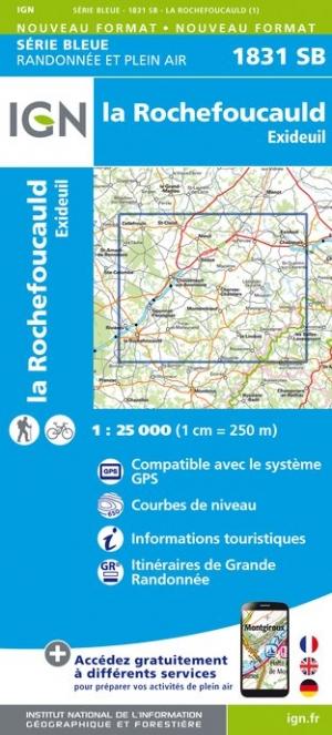 Carte de randonnée n° 1831 - Rochefoucauld, Exideuil | IGN - Série Bleue carte pliée IGN 