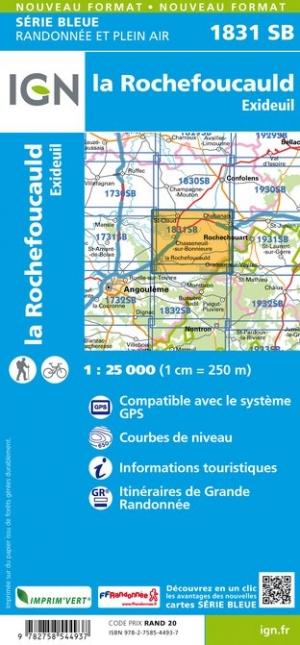 Carte de randonnée n° 1831 - Rochefoucauld, Exideuil | IGN - Série Bleue carte pliée IGN 