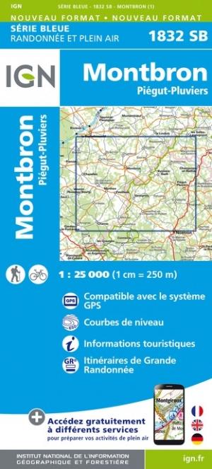 Carte de randonnée n° 1832 - Montbron, Piégut-Pluviers | IGN - Série Bleue carte pliée IGN 