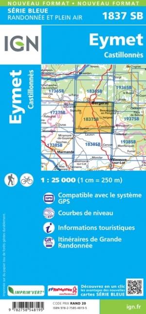 Carte de randonnée n° 1837 - Eymet, Castillonnès | IGN - Série Bleue carte pliée IGN 
