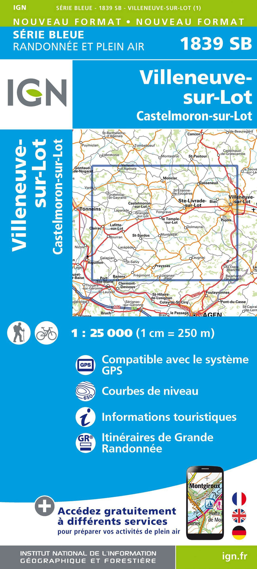 Carte de randonnée n° 1839 - Villeneuve-sur-Lot - Castelmoron-sur-lot | IGN - Série Bleue carte pliée IGN 
