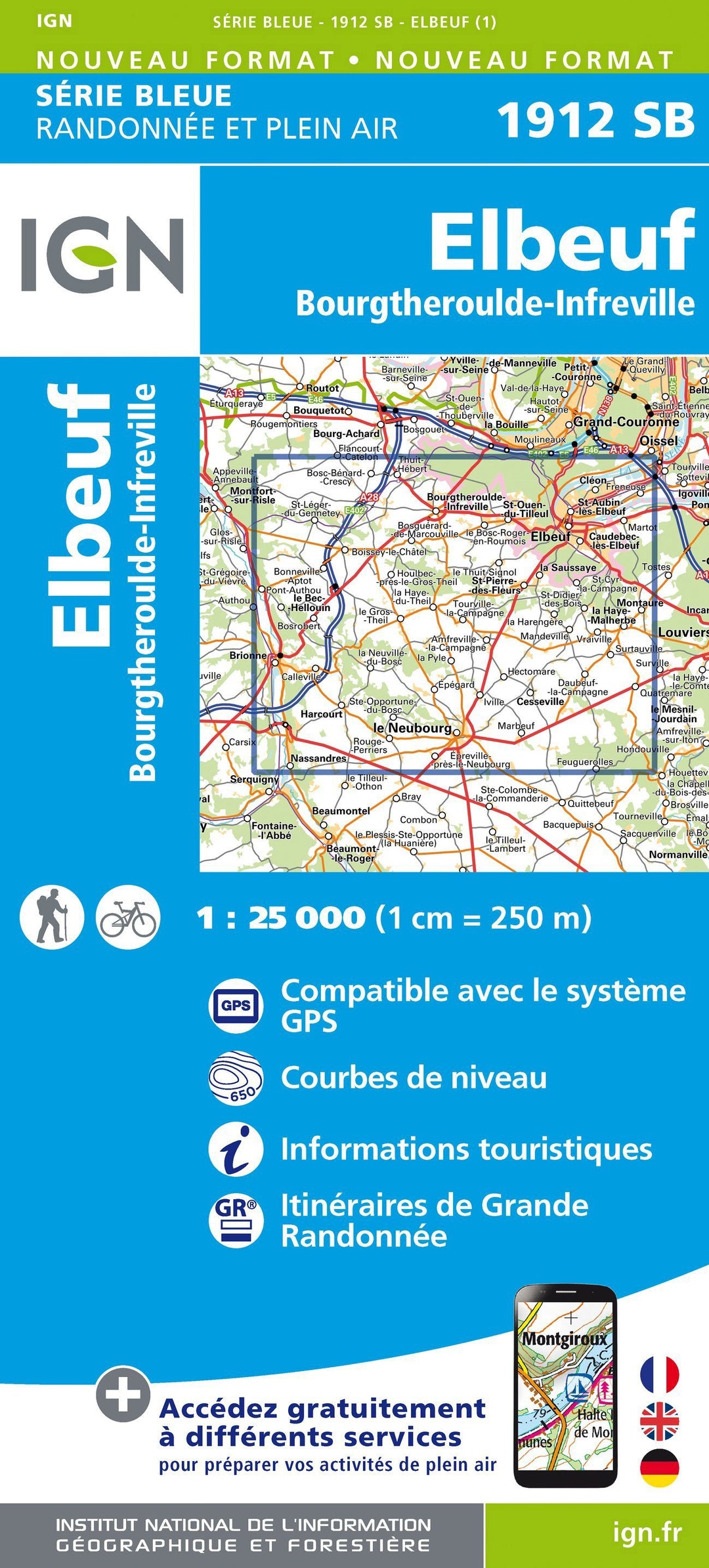 Carte de randonnée n° 1912 - Elbeuf, Bourgtheroulde-Infreville | IGN - Série Bleue carte pliée IGN 