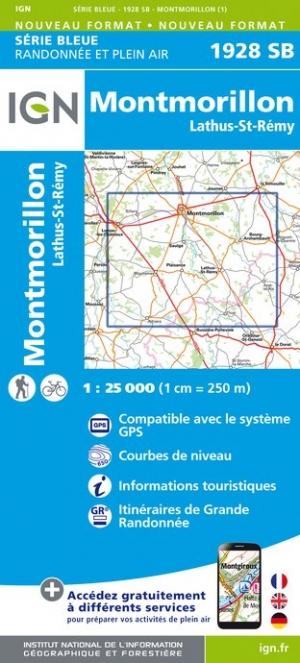 Carte de randonnée n° 1928 - Montmorillon, Lathus-St-Rémy | IGN - Série Bleue carte pliée IGN 