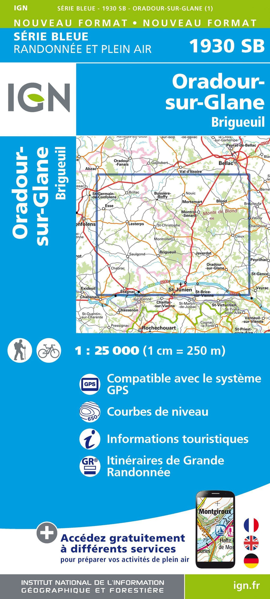 Carte de randonnée n° 1930 - Oradour-sur-Glane, Brigueuil | IGN - Série Bleue carte pliée IGN 