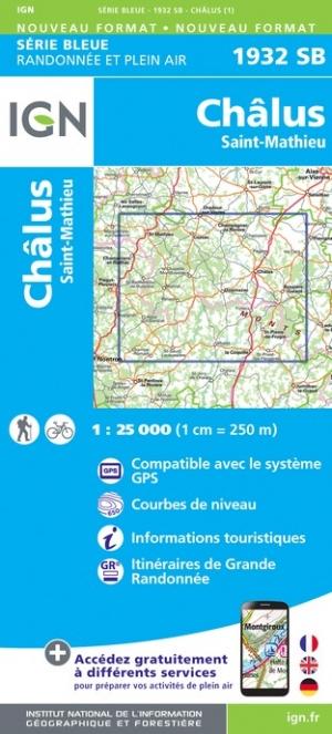 Carte de randonnée n° 1932 - Châlus, Saint-Mathieu (Haute-Vienne) | IGN - Série Bleue carte pliée IGN 