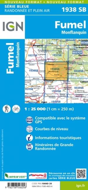 Carte de randonnée n° 1938 - Fumel, Monflanquin | IGN - Série Bleue carte pliée IGN 