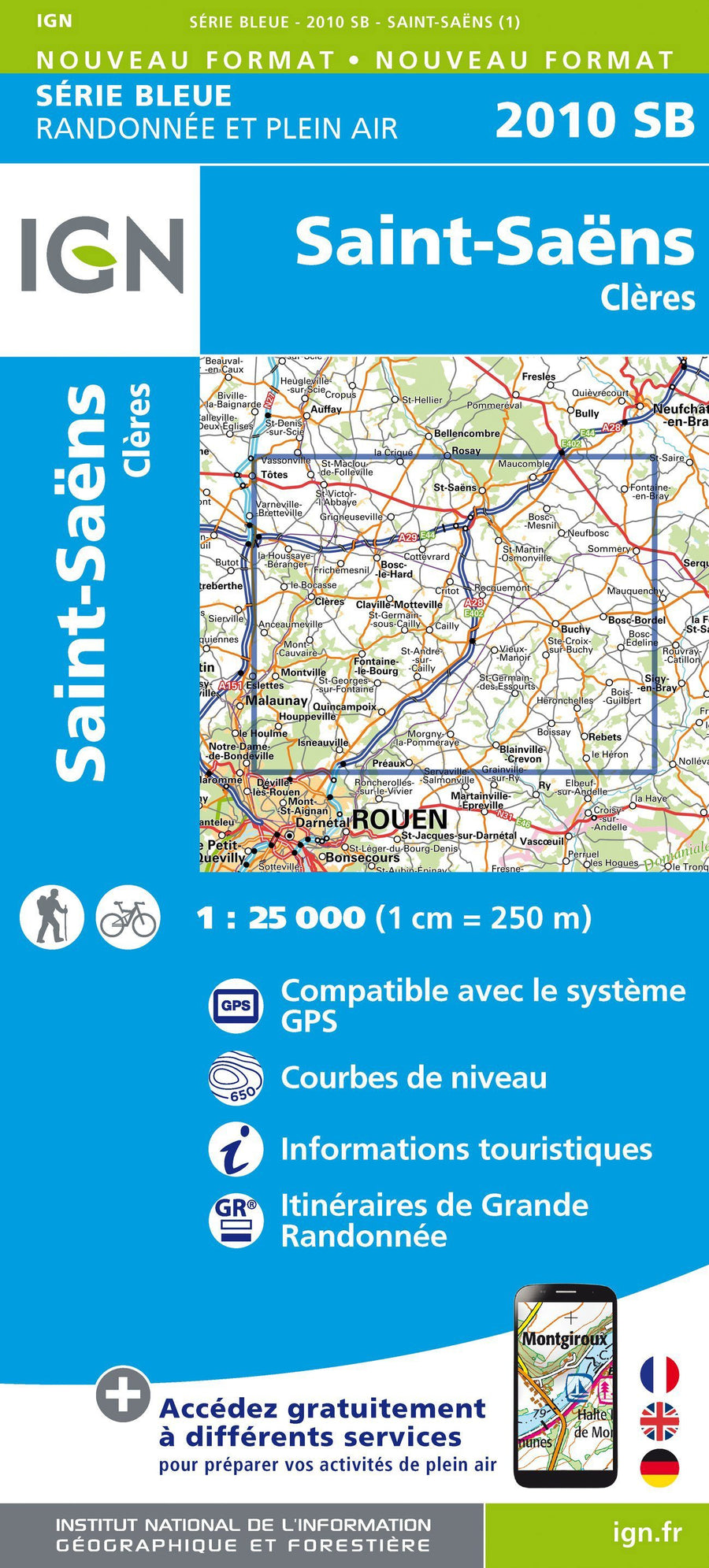 Carte de randonnée n° 2010 - St-Saëns, Clères | IGN - Série Bleue carte pliée IGN 