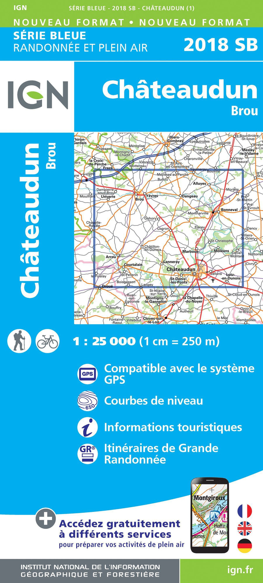 Carte de randonnée n° 2018 - Châteaudun, Brou | IGN - Série Bleue carte pliée IGN 
