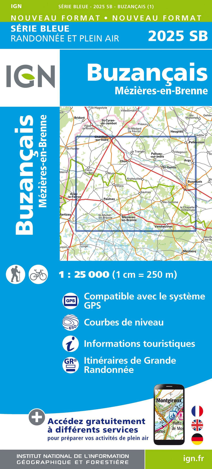 Carte de randonnée n° 2025 - Buzançais, Mézières-en-Brenne | IGN - Série Bleue carte pliée IGN 