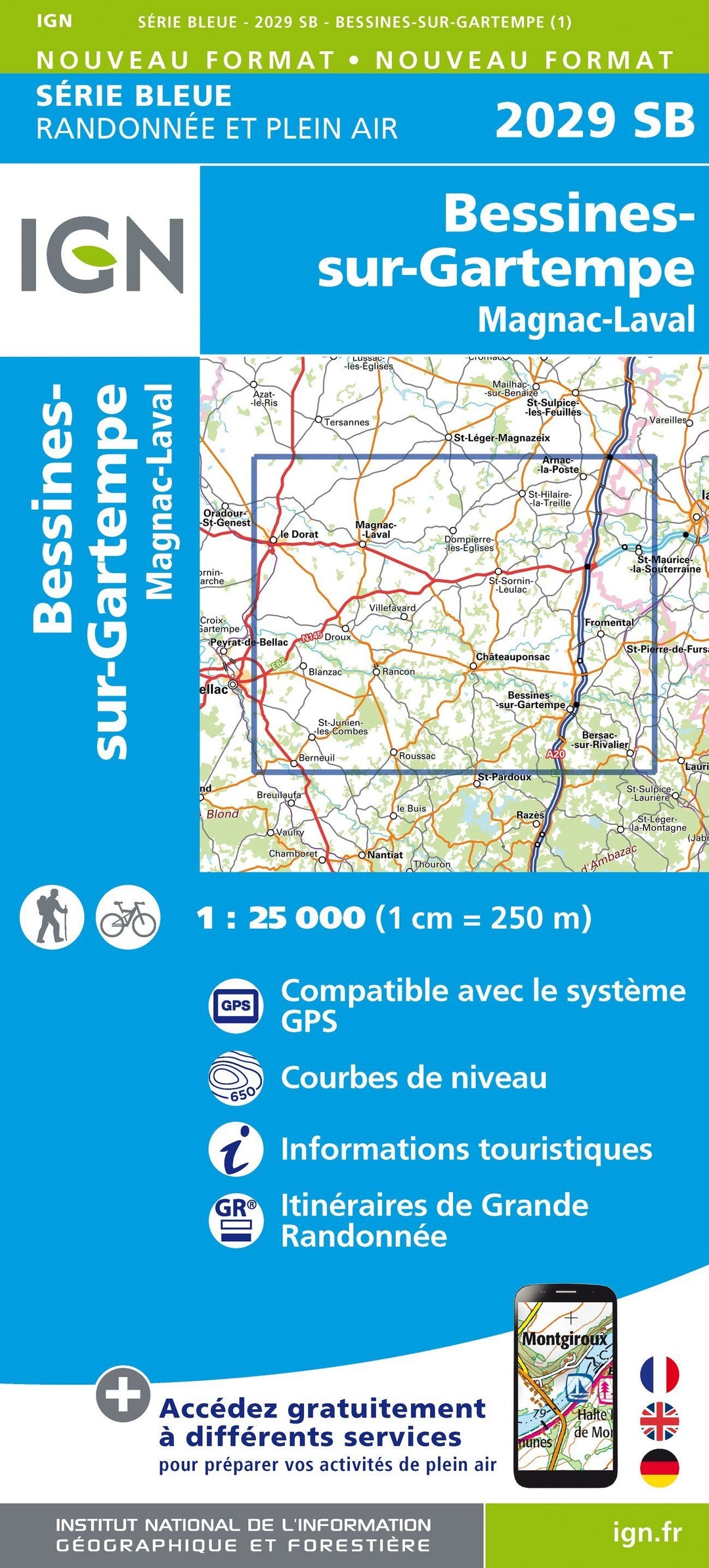Carte de randonnée n° 2029 - Bessines-sur-Gartempe, Magnac-Laval | IGN - Série Bleue carte pliée IGN 