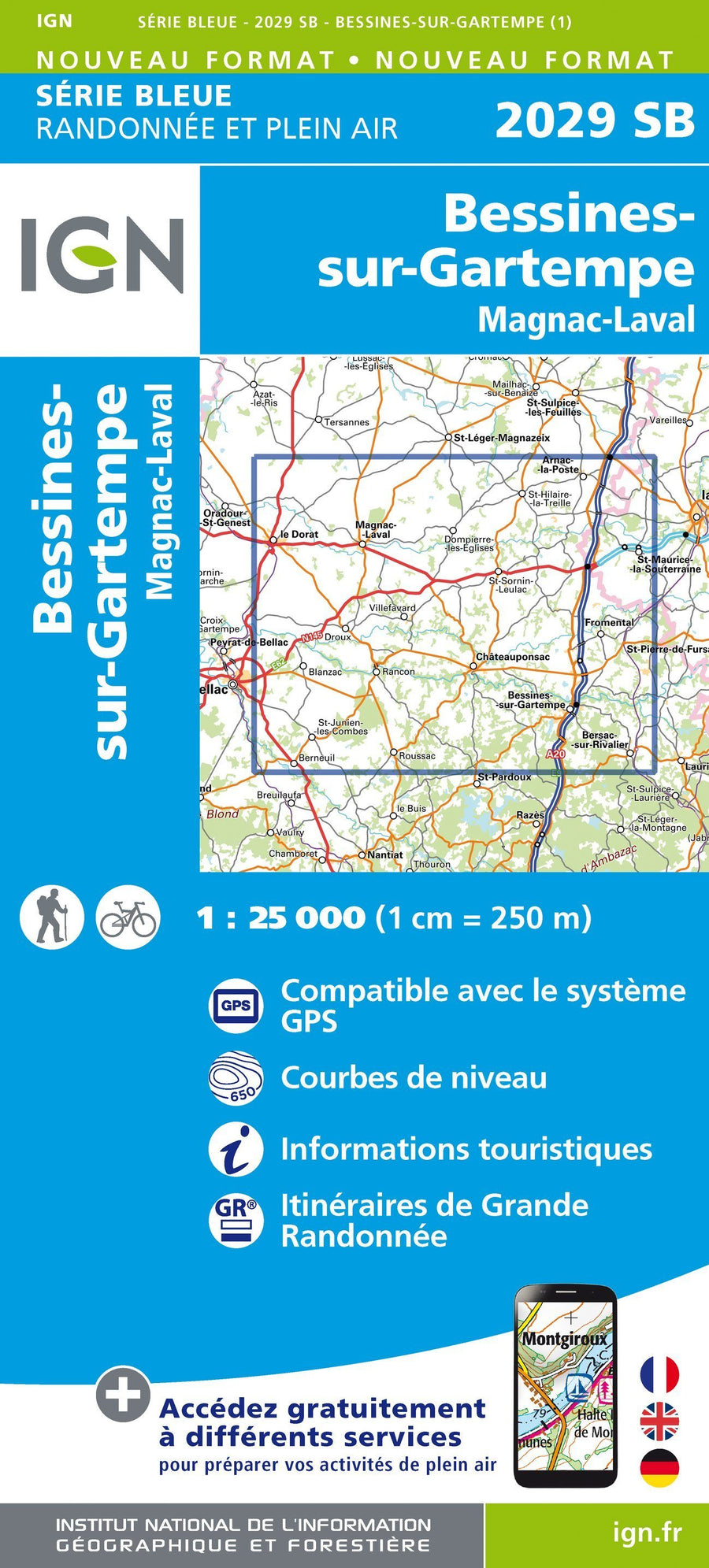 Carte de randonnée n° 2029 - Bessines-sur-Gartempe, Magnac-Laval | IGN - Série Bleue carte pliée IGN 
