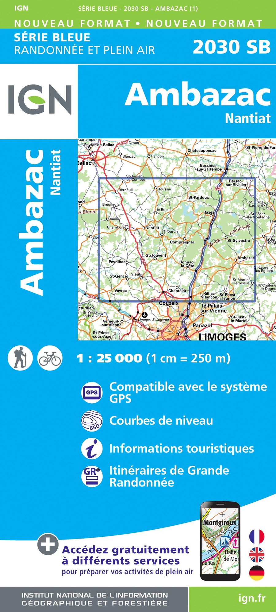 Carte de randonnée n° 2030 - Ambazac, Nantiat | IGN - Série Bleue carte pliée IGN 