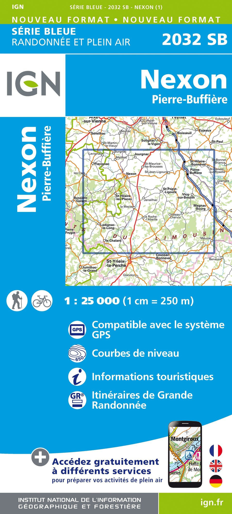 Carte de randonnée n° 2032 - Nexon, Pierre-Buffière | IGN - Série Bleue carte pliée IGN 