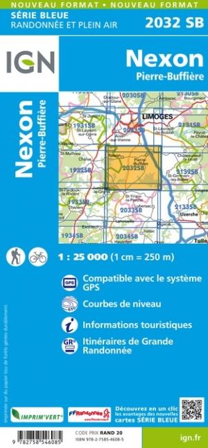 Carte de randonnée n° 2032 - Nexon, Pierre-Buffière | IGN - Série Bleue carte pliée IGN 