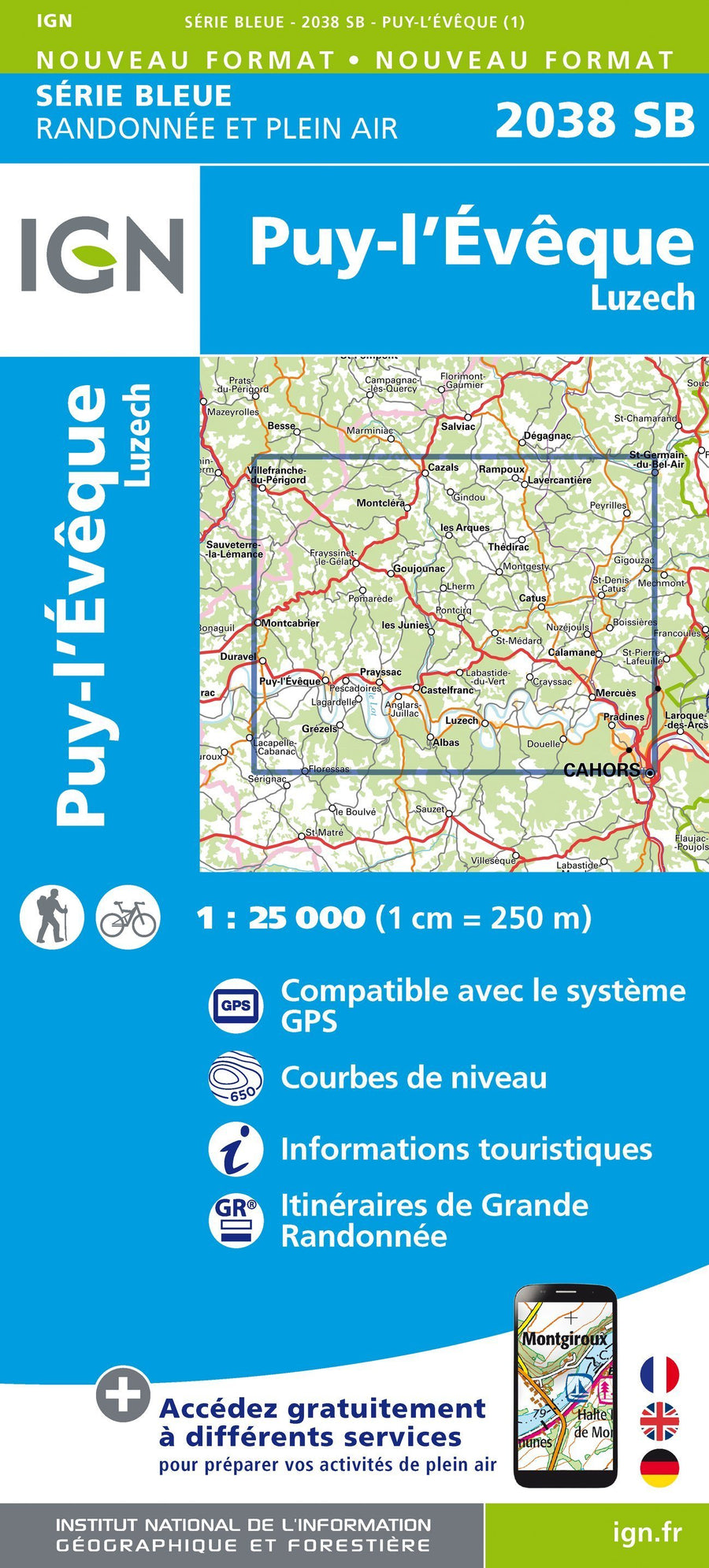 Carte de randonnée n° 2038 - Puy l'Evêque, Luzech | IGN - Série Bleue carte pliée IGN 