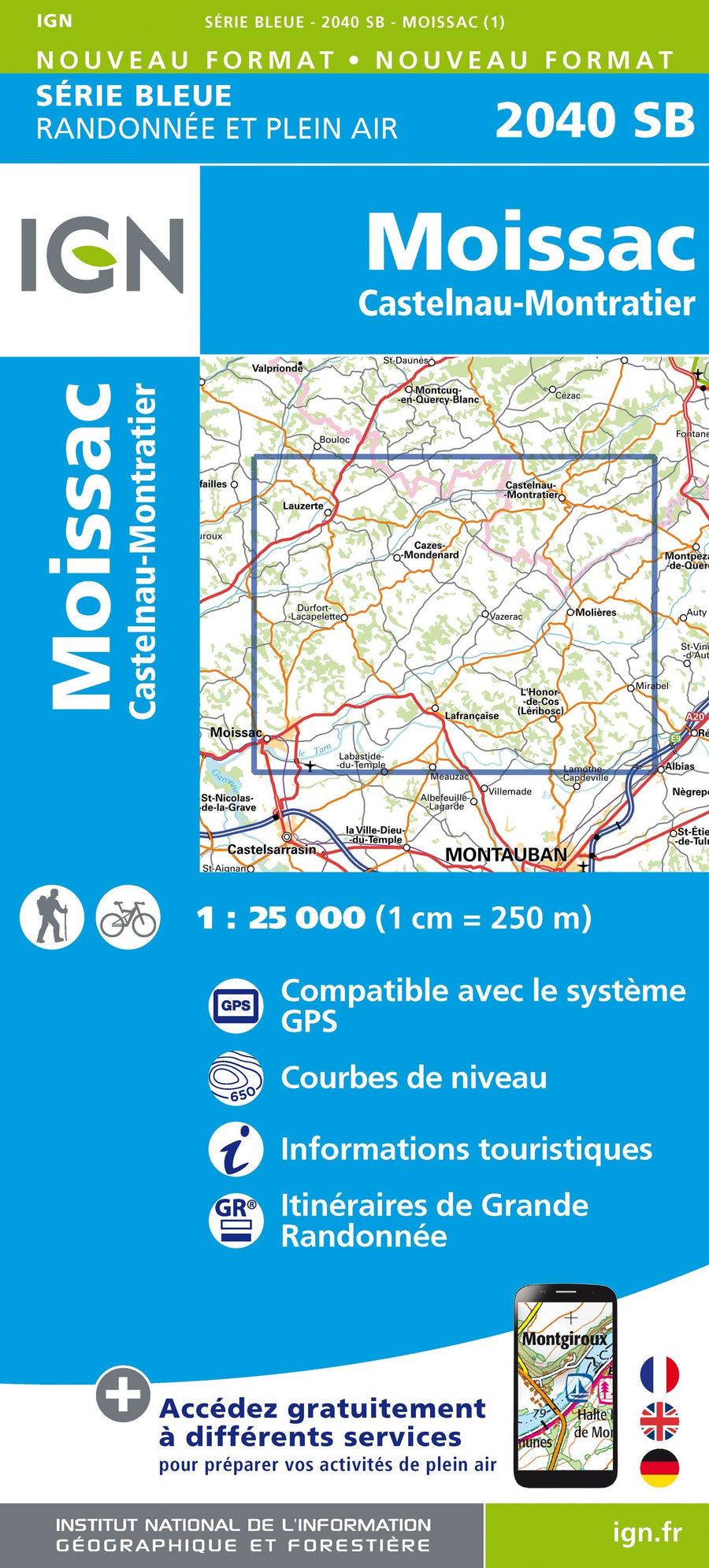 Carte de randonnée n° 2040 - Moissac, Castelnau, Montralier | IGN - Série Bleue carte pliée IGN 