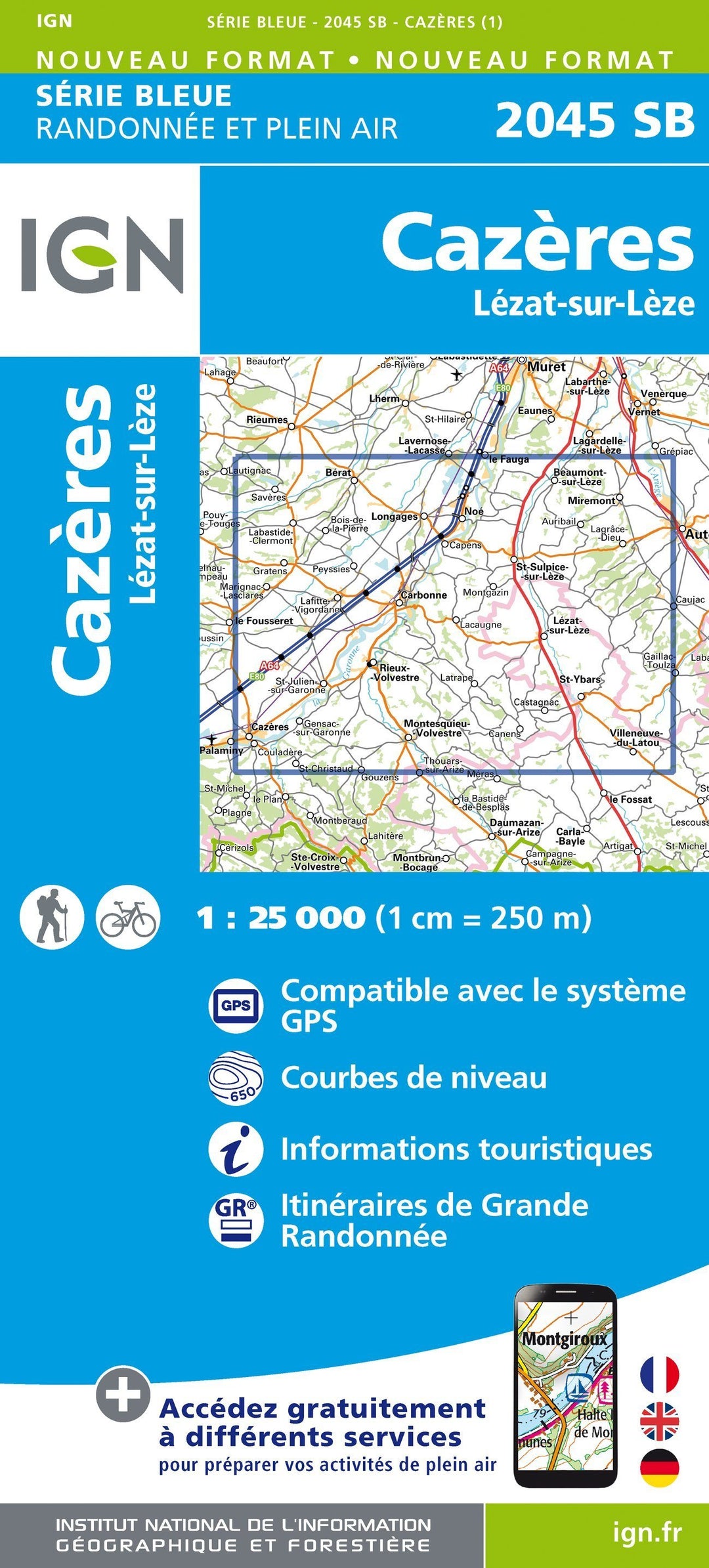 Carte de randonnée n° 2045 - Cazères, Lézat-sur-Lèze | IGN - Série Bleue carte pliée IGN 