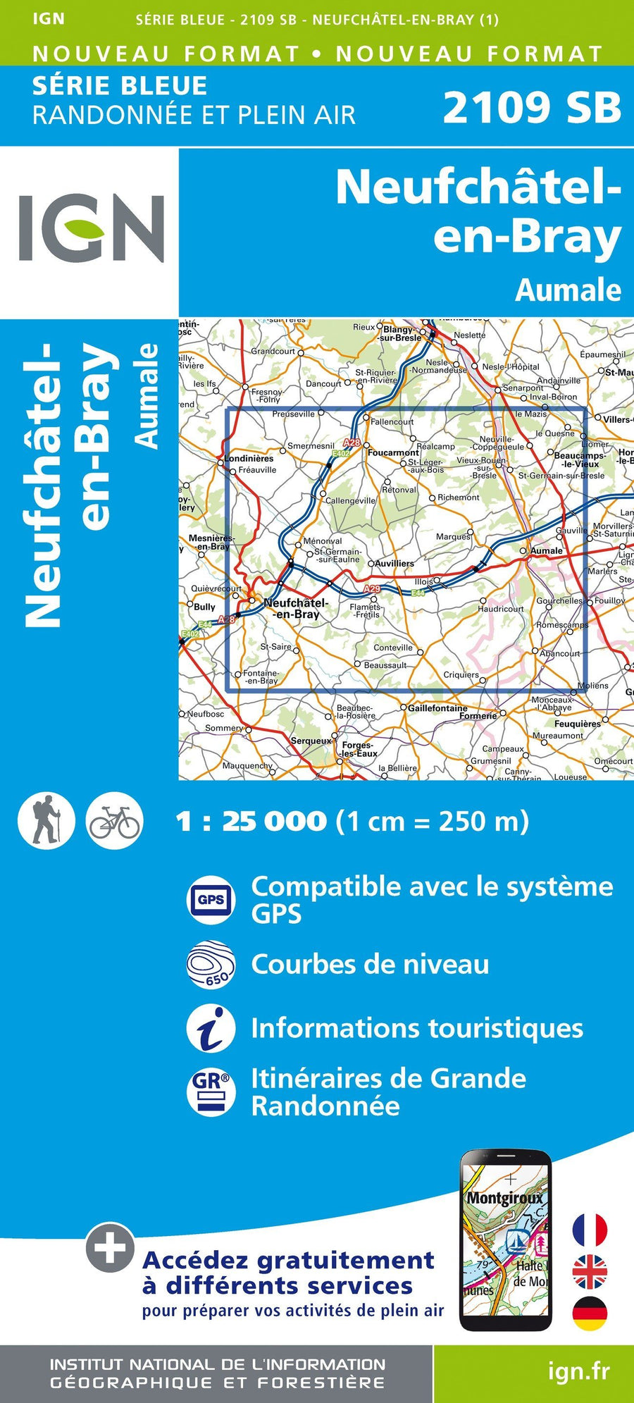 Carte de randonnée n° 2109 - Neufchâtel-en-Bray, Aumale | IGN - Série Bleue carte pliée IGN 