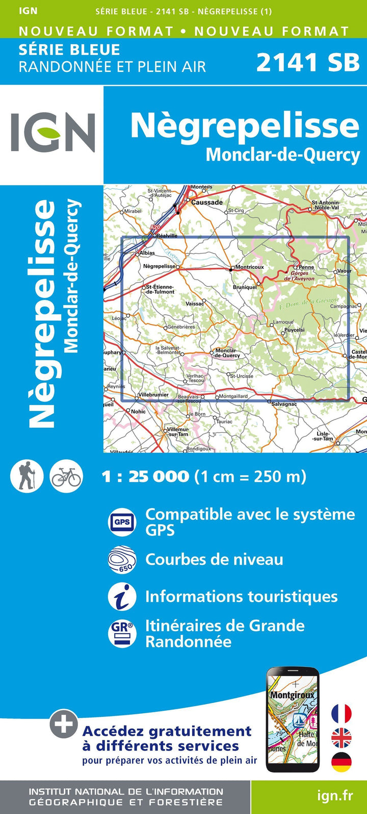 Carte de randonnée n° 2141 - Nègrepelisse, Montclar-de-Quercy | IGN - Série Bleue carte pliée IGN 