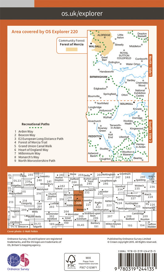 Carte de randonnée n° 220 - Birmingham (Grande Bretagne) | Ordnance Survey - Explorer carte pliée Ordnance Survey Papier 