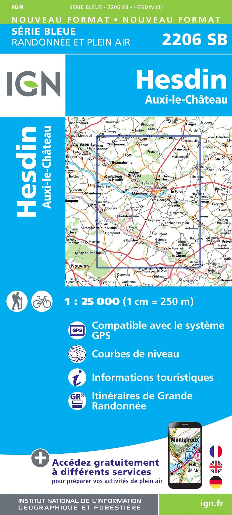 Carte de randonnée n° 2206 - Hesdin, Auxi-le-Château | IGN - Série Bleue carte pliée IGN 