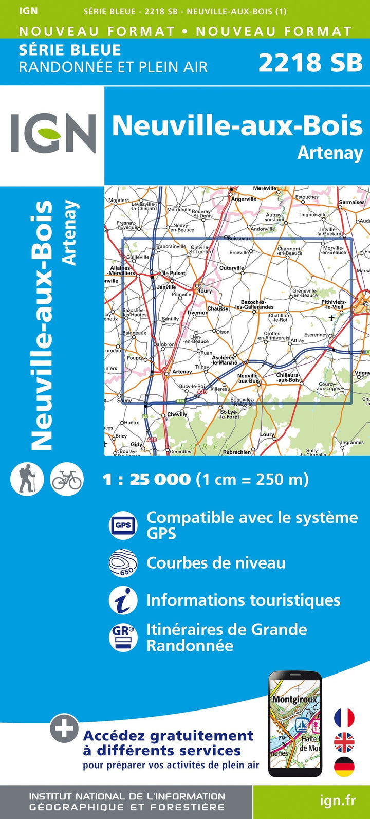 Carte de randonnée n° 2218 - Neuville-aux-Bois, Artenay | IGN - Série Bleue carte pliée IGN 