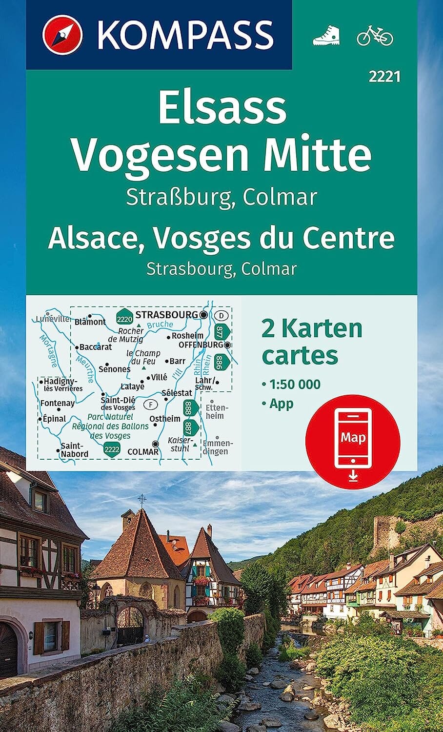 Carte de randonnée n° 2221 - Massif des Vosges Central, lot de 2 cartes | Kompass carte pliée Kompass 