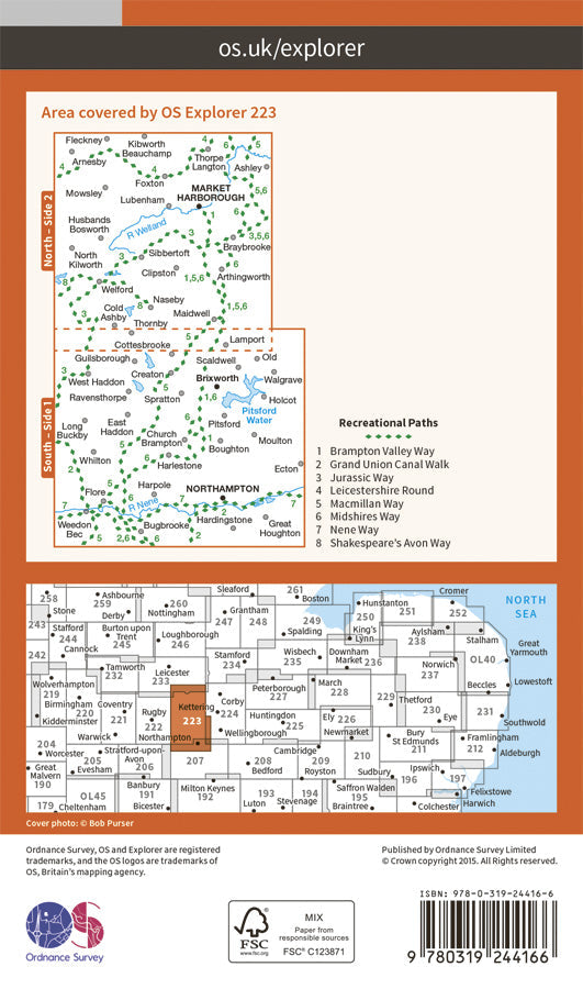Carte de randonnée n° 223 - Northampton, Market Harborough (Grande Bretagne) | Ordnance Survey - Explorer carte pliée Ordnance Survey Papier 