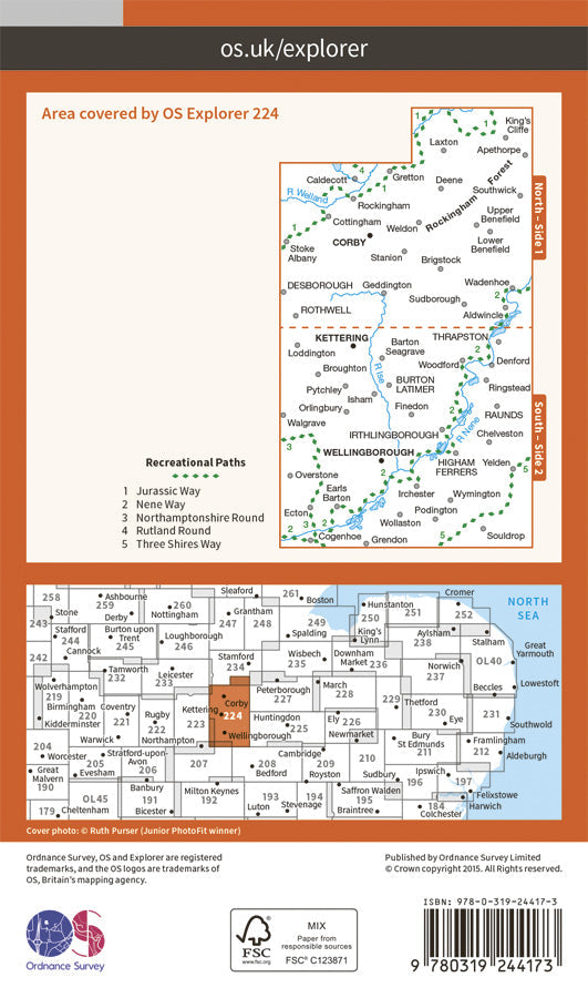 Carte de randonnée n° 224 - Corby/ Kettering, Wellingborough (Grande Bretagne) | Ordnance Survey - Explorer carte pliée Ordnance Survey Papier 