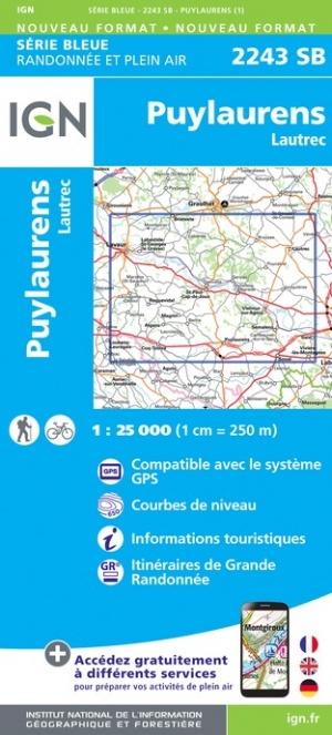 Carte de randonnée n° 2243 - Puylaurens, Lautrec | IGN - Série Bleue carte pliée IGN 