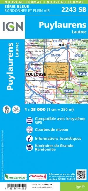 Carte de randonnée n° 2243 - Puylaurens, Lautrec | IGN - Série Bleue carte pliée IGN 