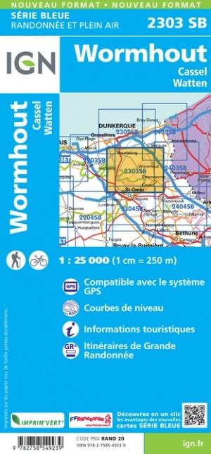 Carte de randonnée n° 2303 - Wormhout, Cassel, Watten | IGN - Série Bleue carte pliée IGN 
