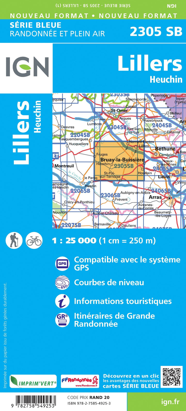 Carte de randonnée n° 2305 - Lillers, Heuchin | IGN - Série Bleue carte pliée IGN 