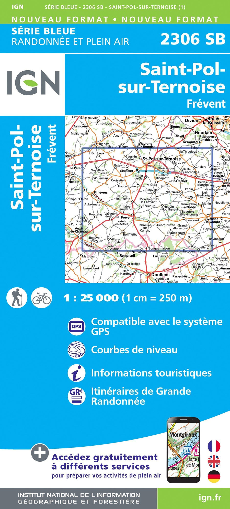 Carte de randonnée n° 2306 - Saint-Pol-sur-Ternoise, Frévent | IGN - Série Bleue carte pliée IGN 