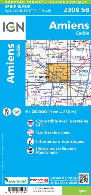 Carte de randonnée n° 2308 - Amiens, Corbi | IGN - Série Bleue carte pliée IGN 