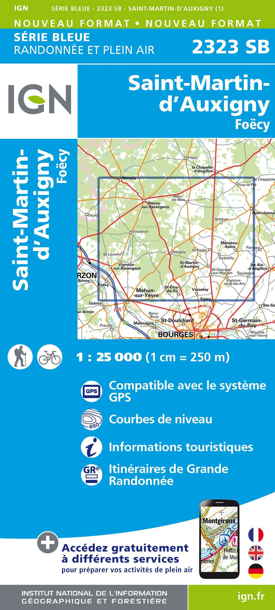 Carte de randonnée n° 2323 - Saint-Martin-D'Auxigny, Foëcy | IGN - Série Bleue carte pliée IGN 