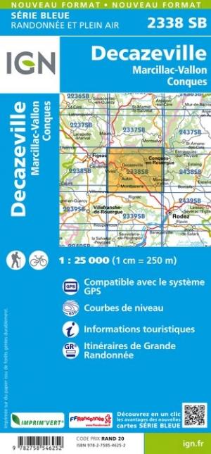 Carte de randonnée n° 2338 - Decazeville, Marcillac-Vallon, Conque | IGN - Série Bleue carte pliée IGN 